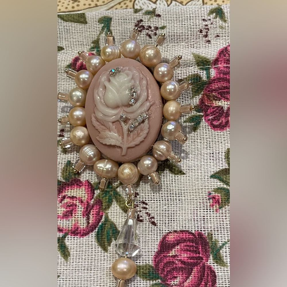 One of a kind handmade, all vintage materials , real water pink pearls broach